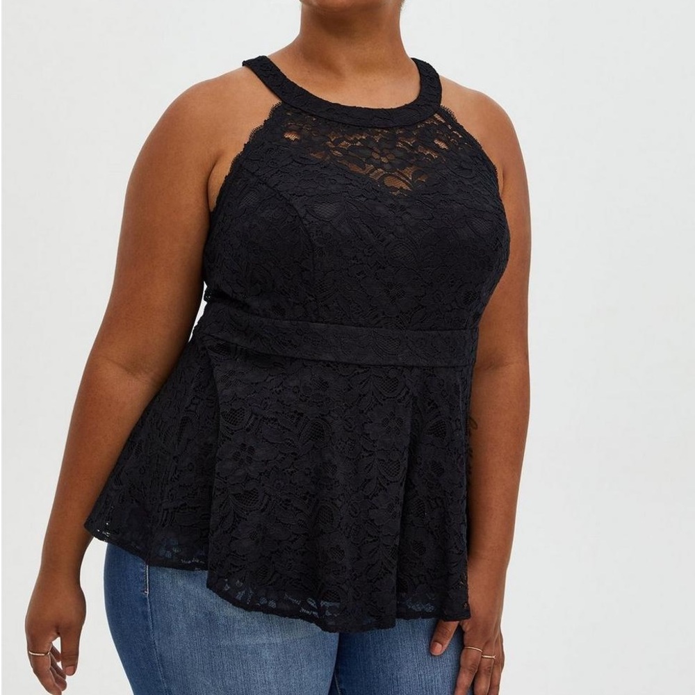 Torrid Women’s Plus 2x Black Lace Peplum Top High Neck Cutaway Shoulders NWT